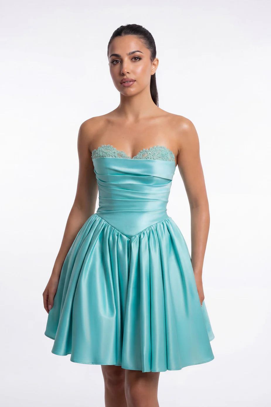 Portia & Scarlett XO215 Lilac Strapless Sweetheart Neckline Satin Flared Mini Dress