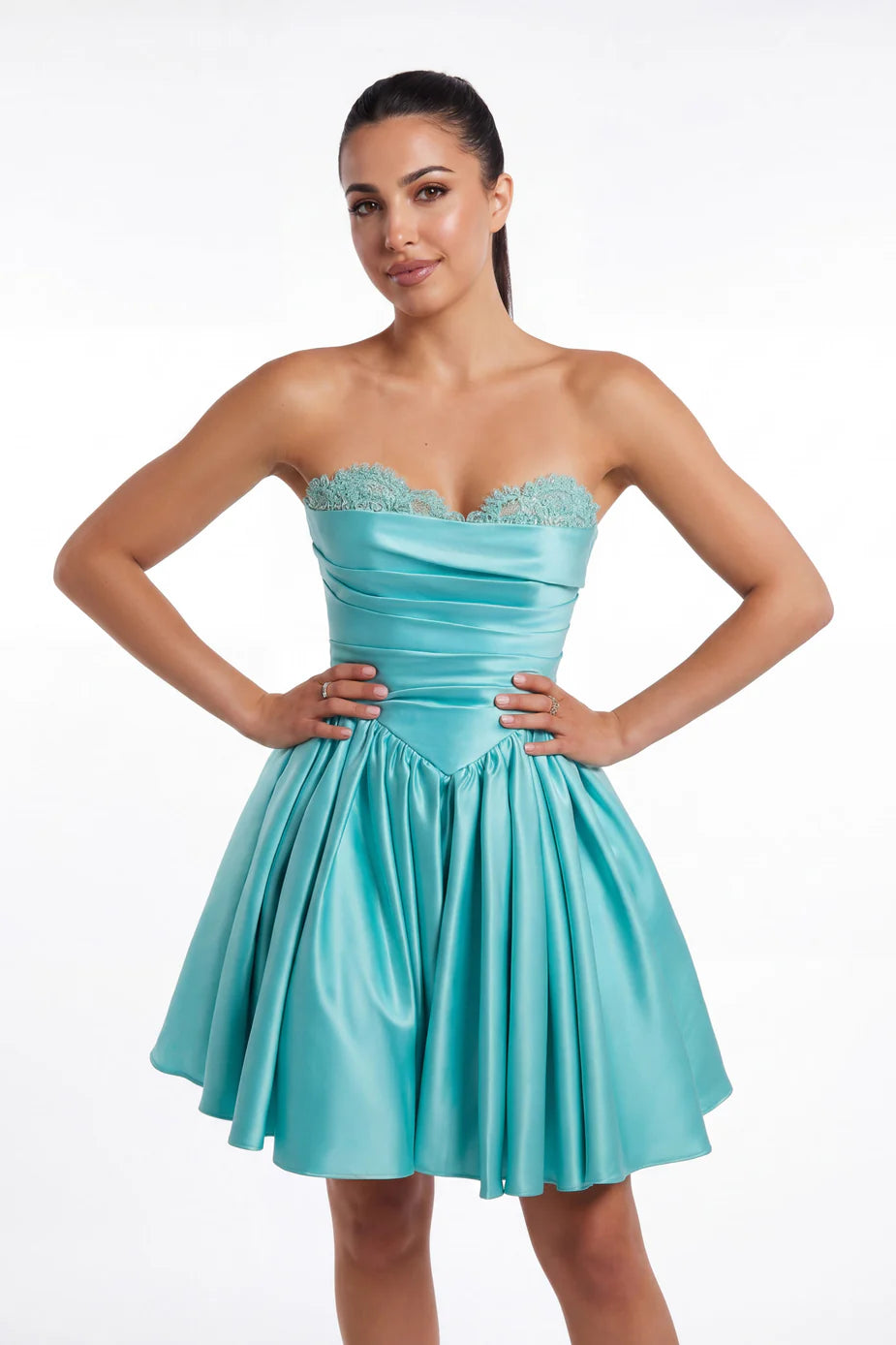 Portia & Scarlett XO215 Lilac Strapless Sweetheart Neckline Satin Flared Mini Dress