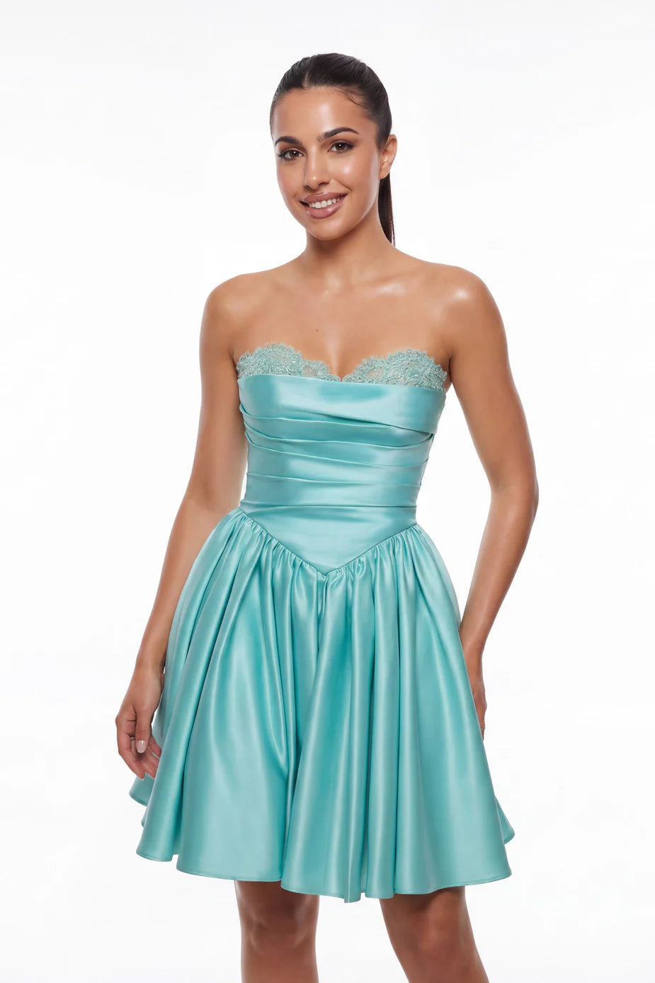 Portia & Scarlett XO215 Lilac Strapless Sweetheart Neckline Satin Flared Mini Dress