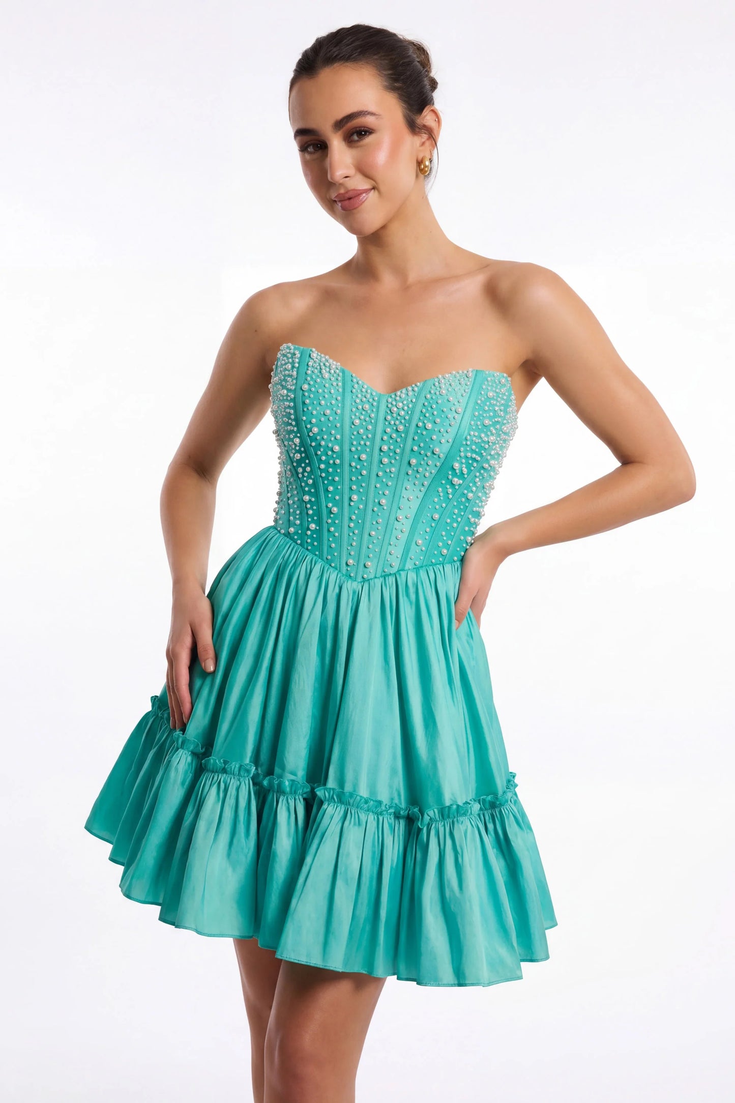 Portia & Scarlett XO216 Pink Embellished Strapless Sweetheart Neckline Flared Mini Dress