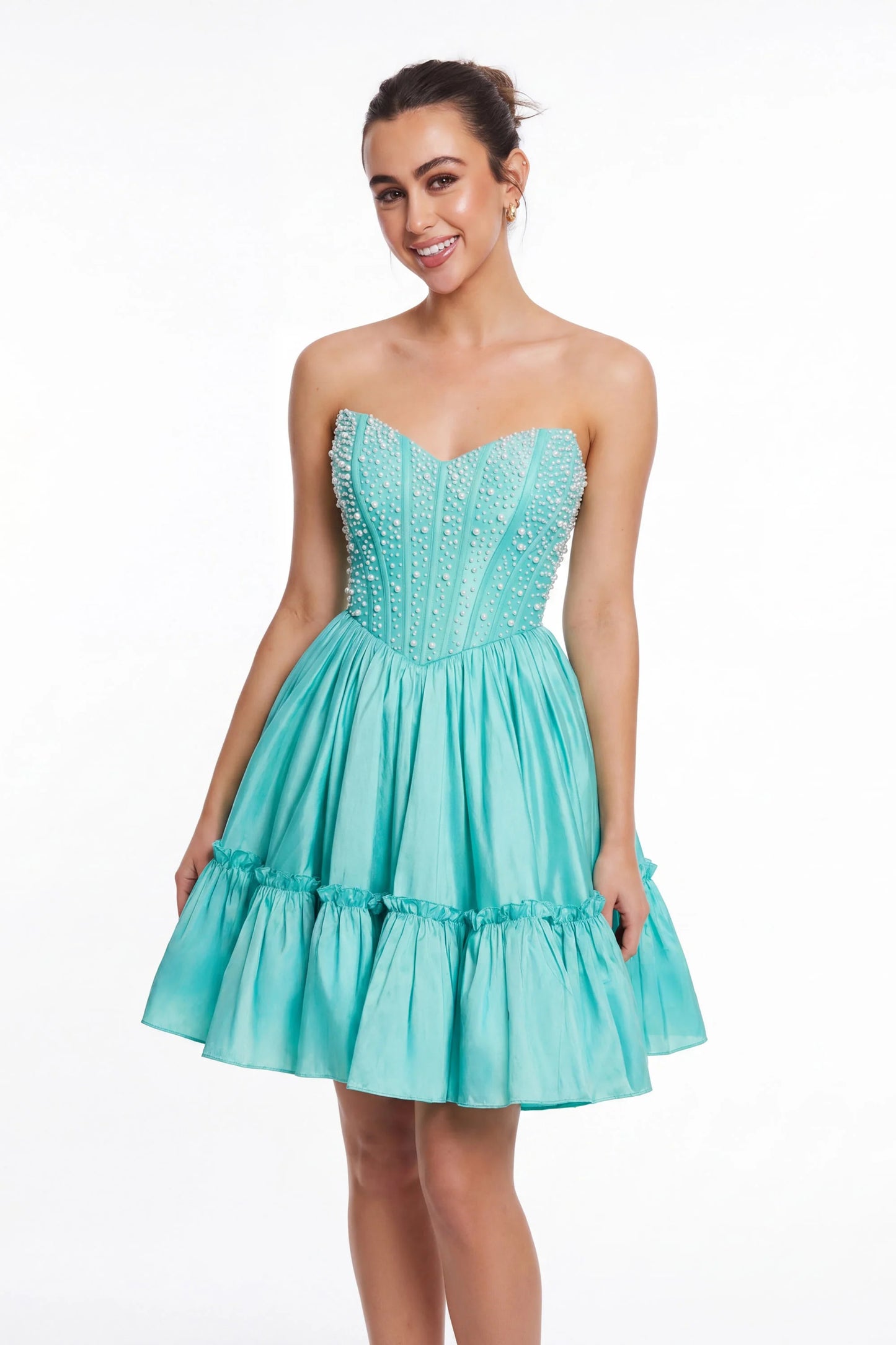 Portia & Scarlett XO216 Pink Embellished Strapless Sweetheart Neckline Flared Mini Dress