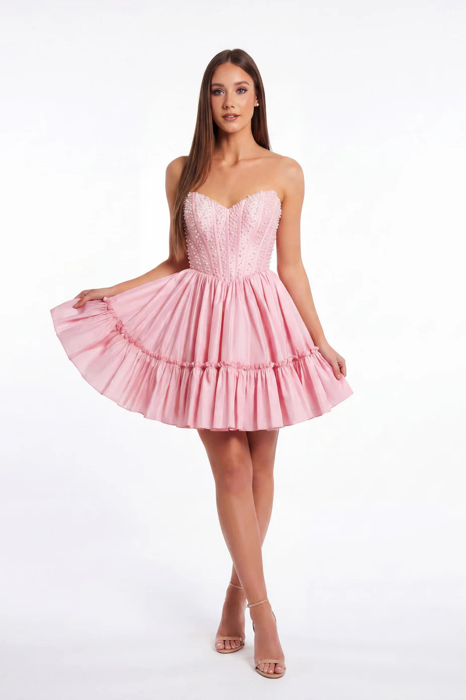 Portia & Scarlett XO216 Pink Embellished Strapless Sweetheart Neckline Flared Mini Dress