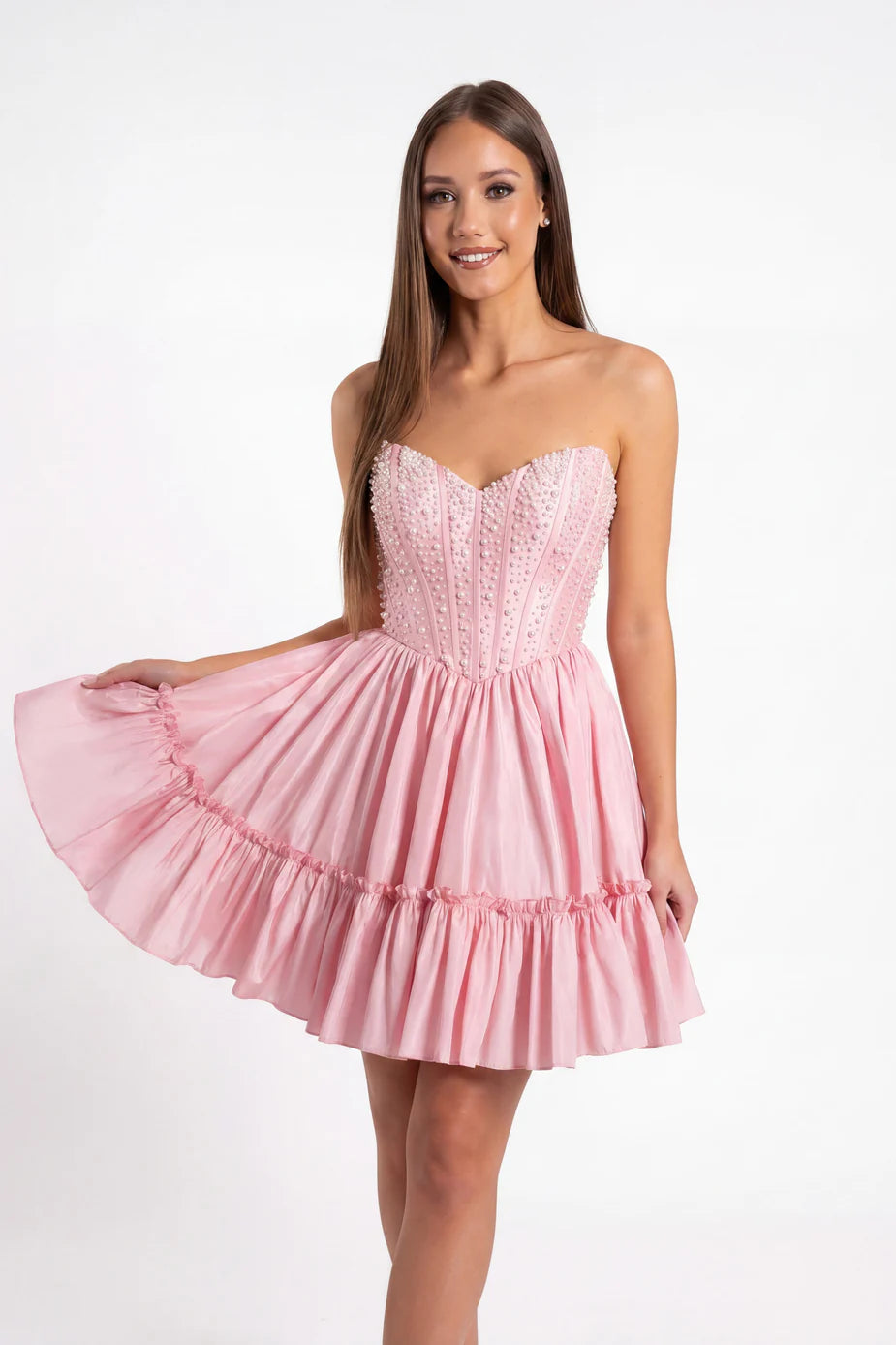 Portia & Scarlett XO216 Pink Embellished Strapless Sweetheart Neckline Flared Mini Dress