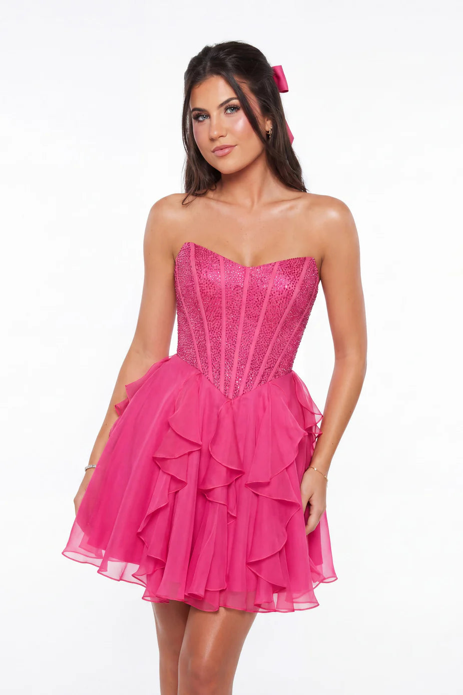 Portia & Scarlett XO217 Green Strapless Sweetheart Neckline Ruffles A-line Skirt Mini Dress