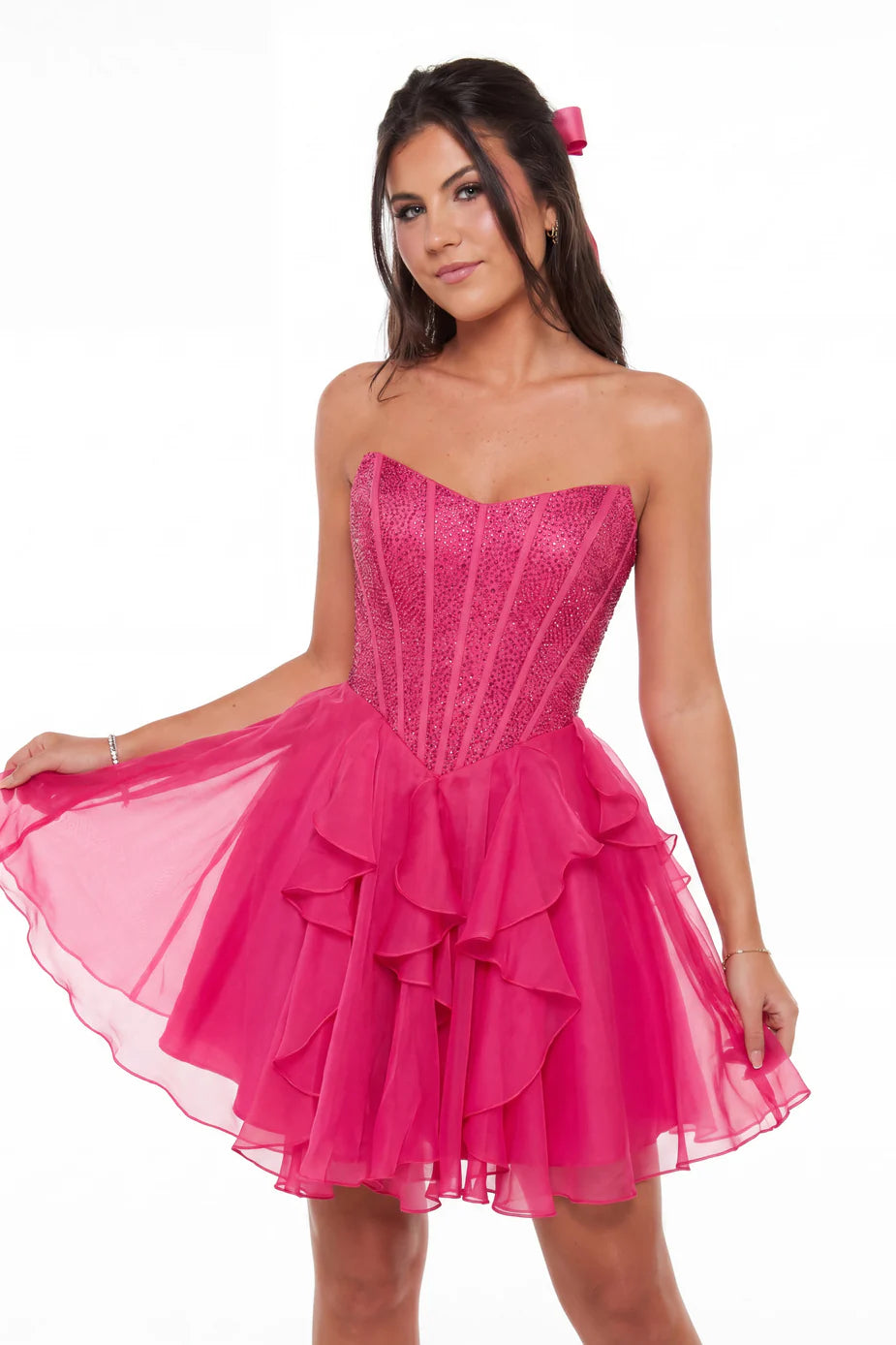 Portia & Scarlett XO217 Green Strapless Sweetheart Neckline Ruffles A-line Skirt Mini Dress