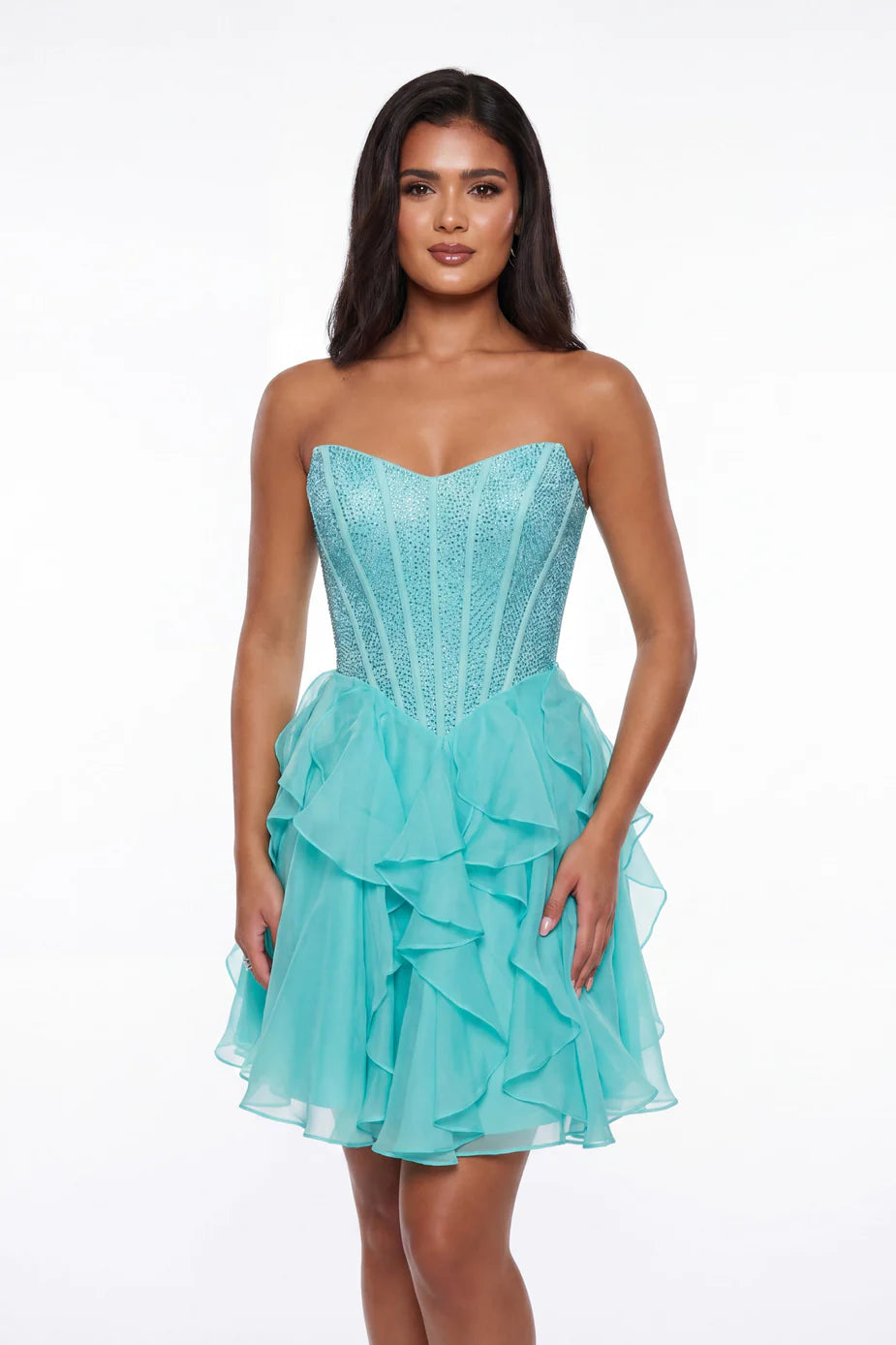 Portia & Scarlett XO217 Green Strapless Sweetheart Neckline Ruffles A-line Skirt Mini Dress