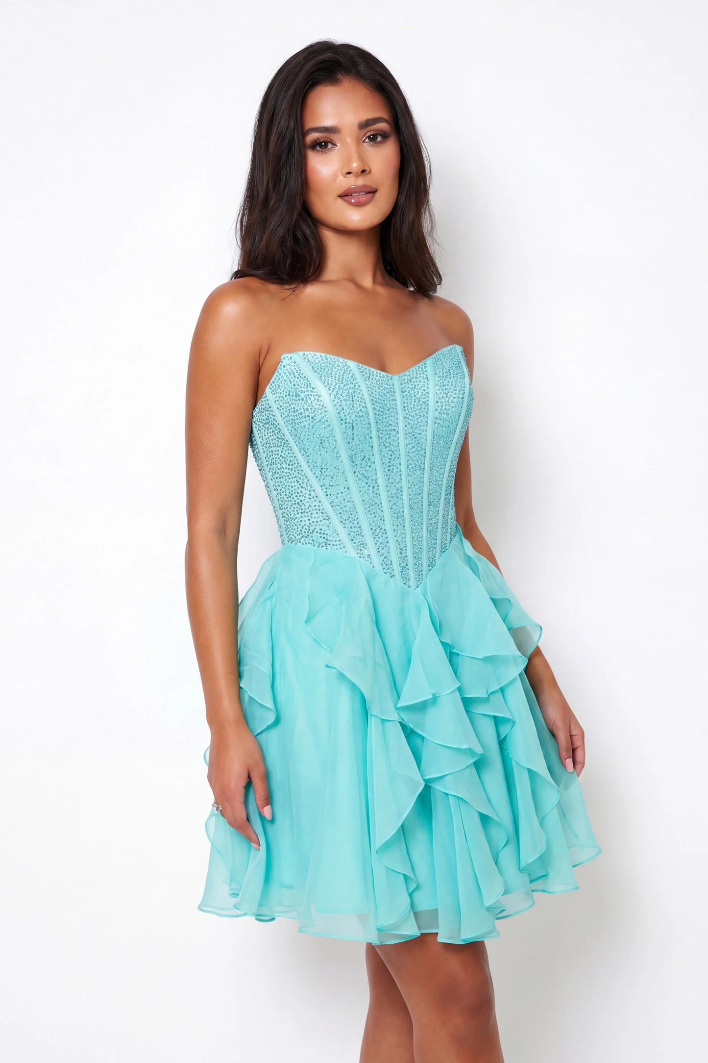 Portia & Scarlett XO217 Green Strapless Sweetheart Neckline Ruffles A-line Skirt Mini Dress