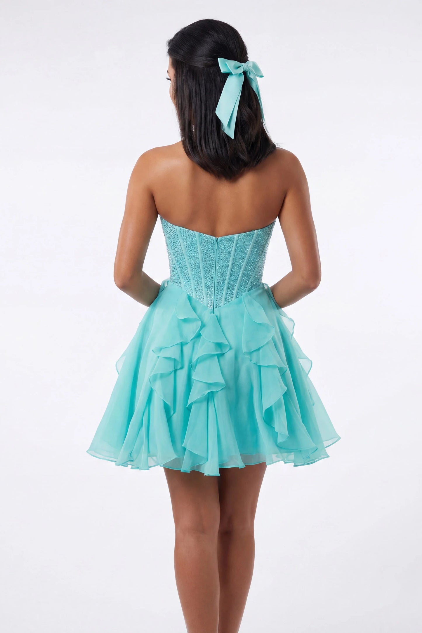 Portia & Scarlett XO217 Green Strapless Sweetheart Neckline Ruffles A-line Skirt Mini Dress