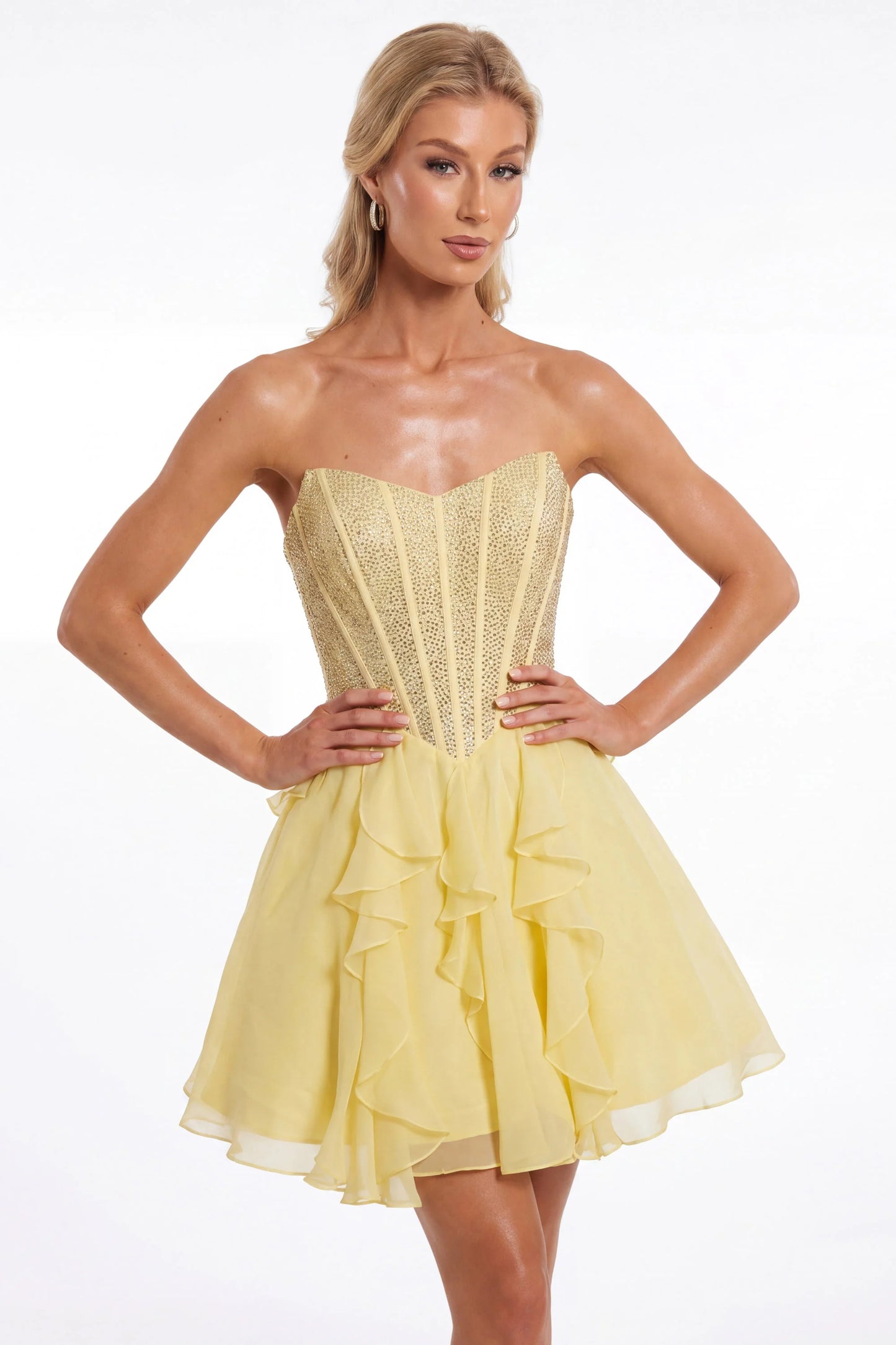 Portia & Scarlett XO217 Green Strapless Sweetheart Neckline Ruffles A-line Skirt Mini Dress
