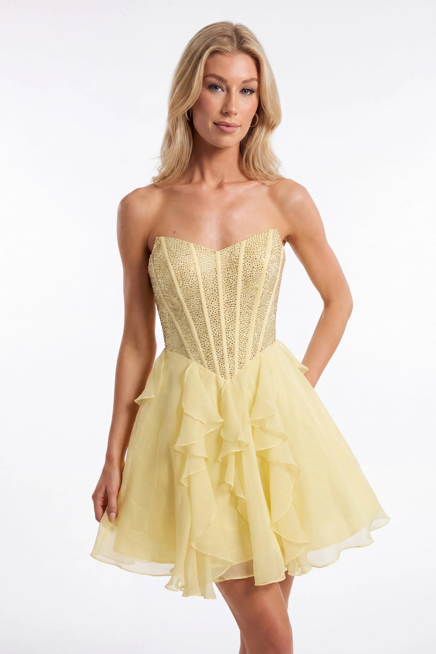 Portia & Scarlett XO217 Green Strapless Sweetheart Neckline Ruffles A-line Skirt Mini Dress