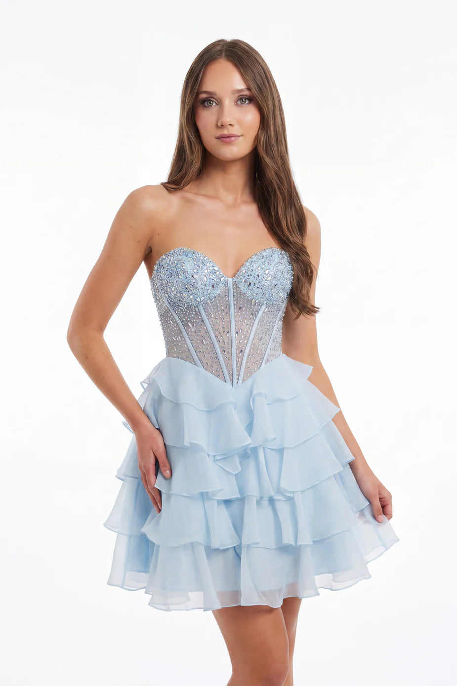 Portia & Scarlett XO218 Pink Strapless Beaded Corset Ruffled Mini Dress