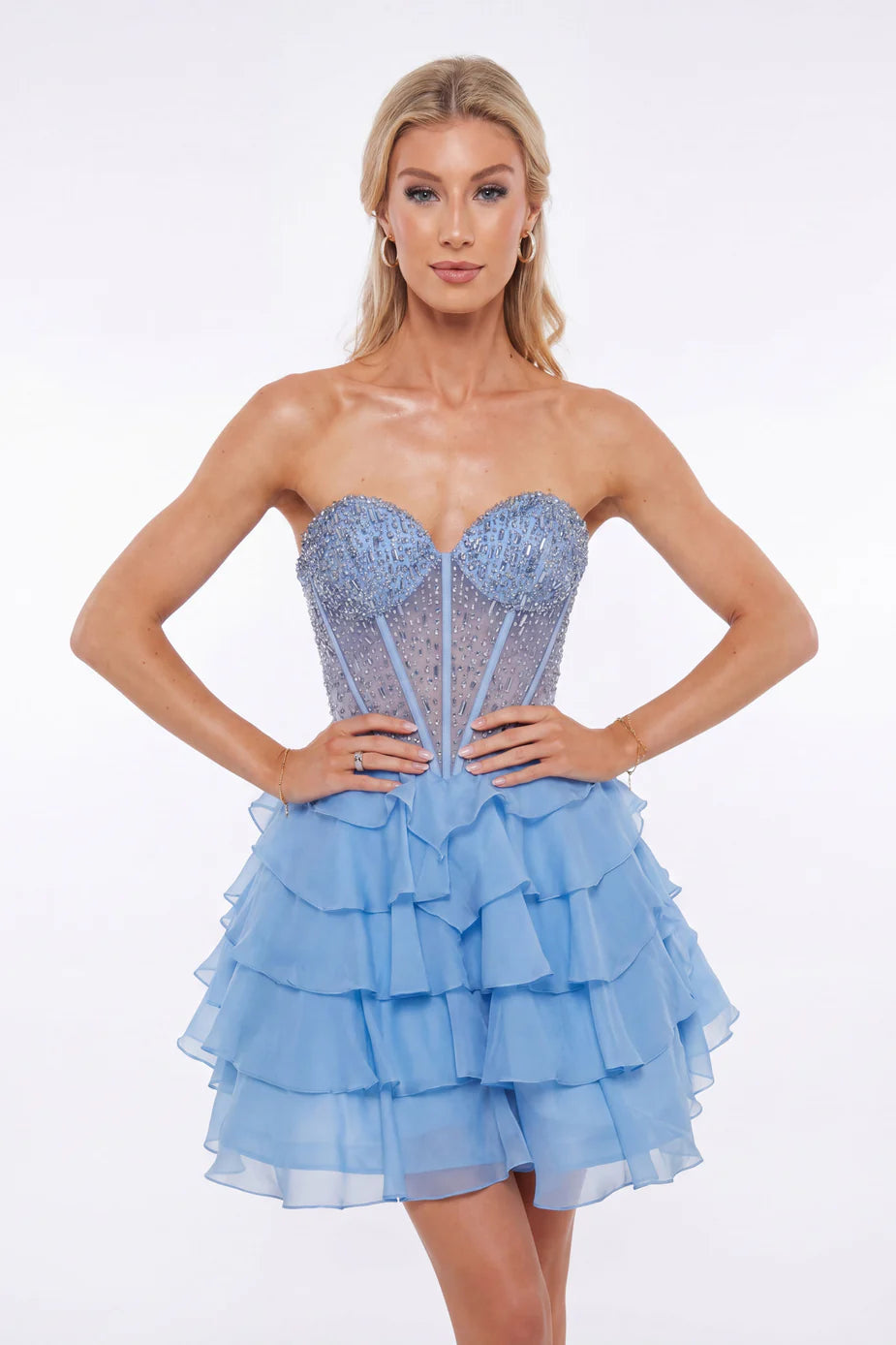 Portia & Scarlett XO218 Pink Strapless Beaded Corset Ruffled Mini Dress
