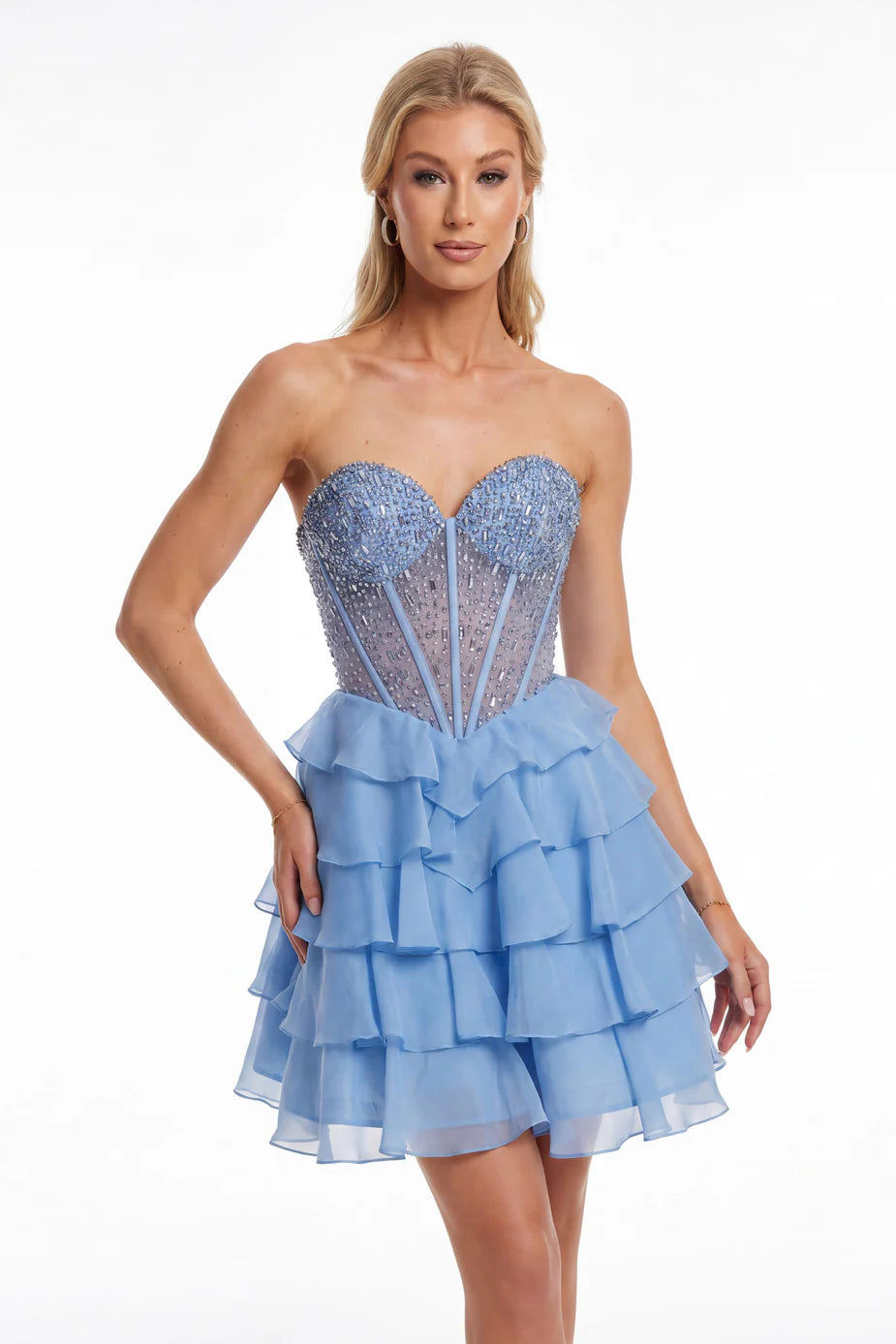 Portia & Scarlett XO218 Pink Strapless Beaded Corset Ruffled Mini Dress