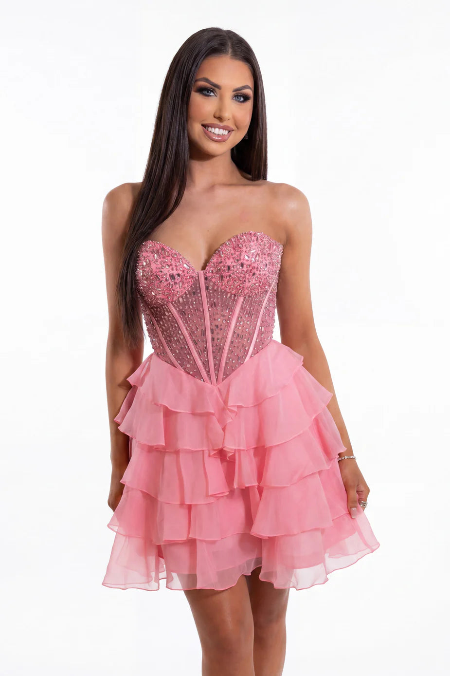Portia & Scarlett XO218 Pink Strapless Beaded Corset Ruffled Mini Dress