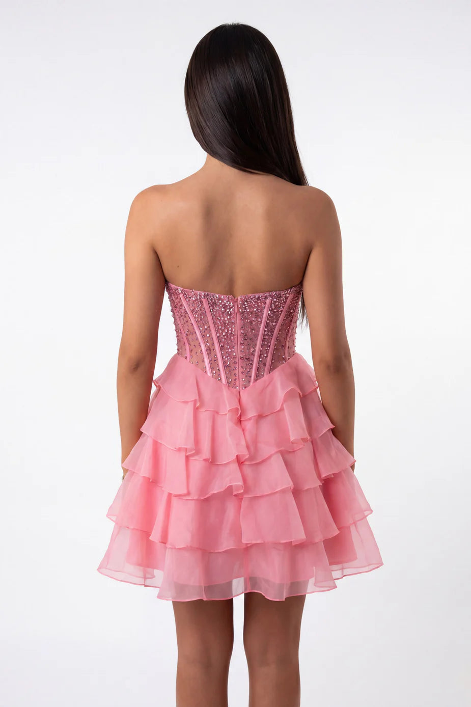 Portia & Scarlett XO218 Pink Strapless Beaded Corset Ruffled Mini Dress