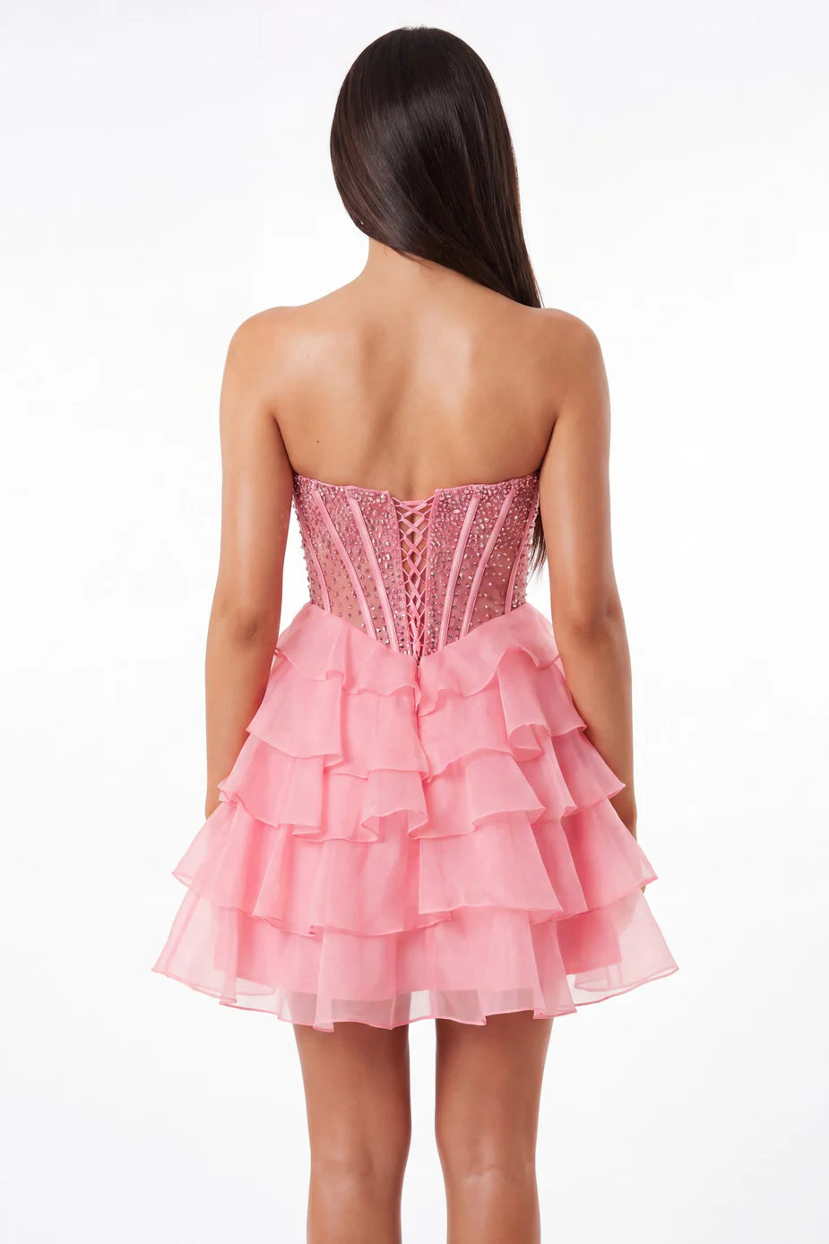 Portia & Scarlett XO218 Pink Strapless Beaded Corset Ruffled Mini Dress