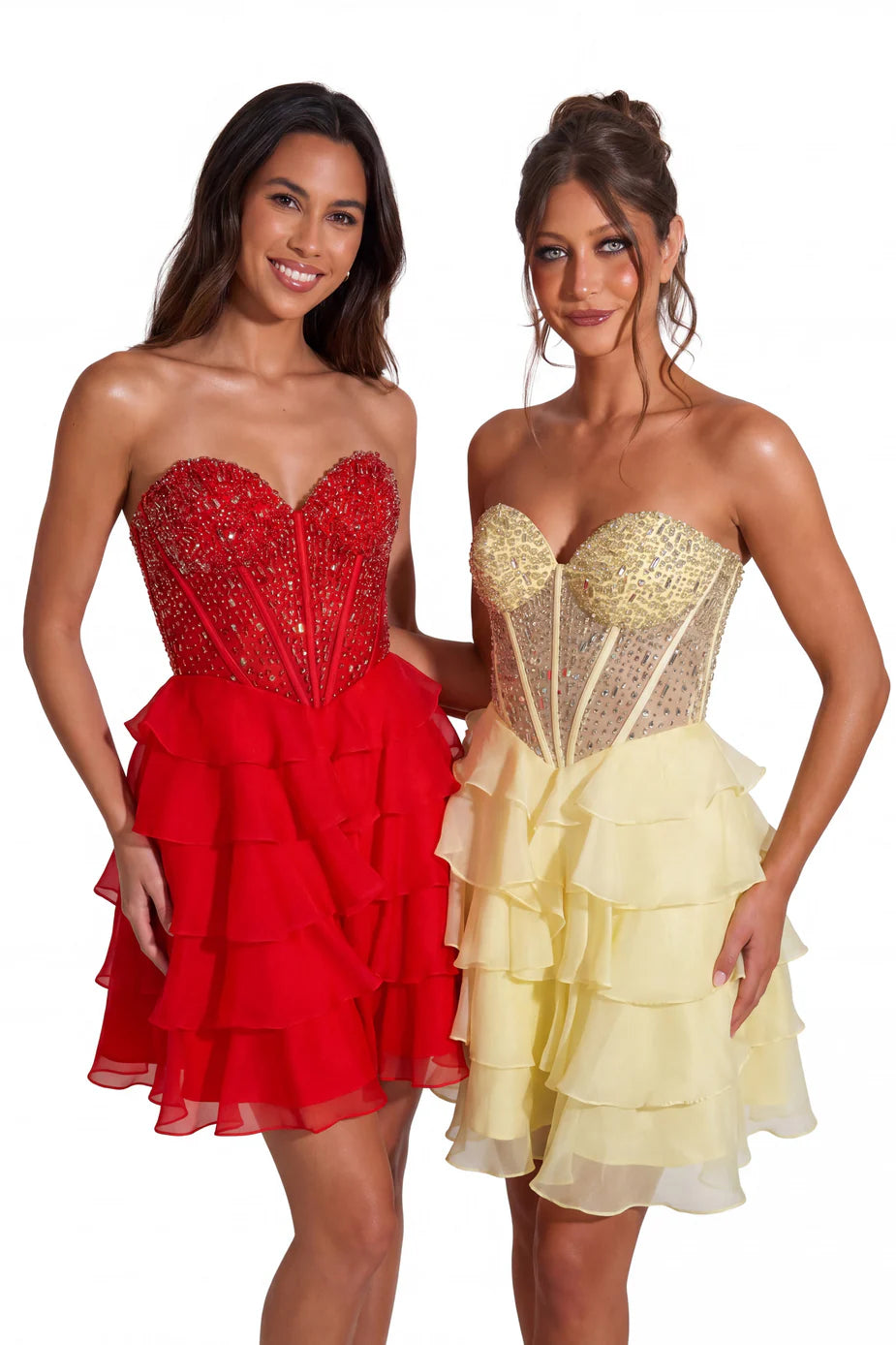 Portia & Scarlett XO218 Pink Strapless Beaded Corset Ruffled Mini Dress