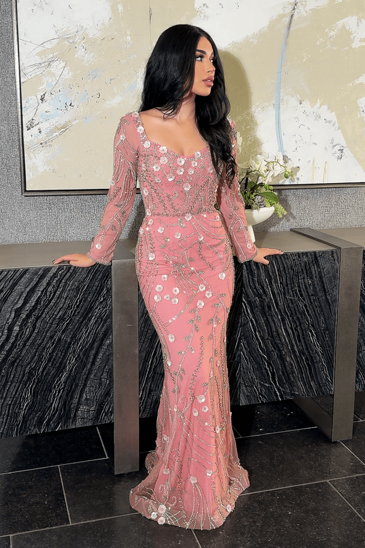 Yasmine Long Sleeve Floral Sequin Embellished Modest Evening Dress