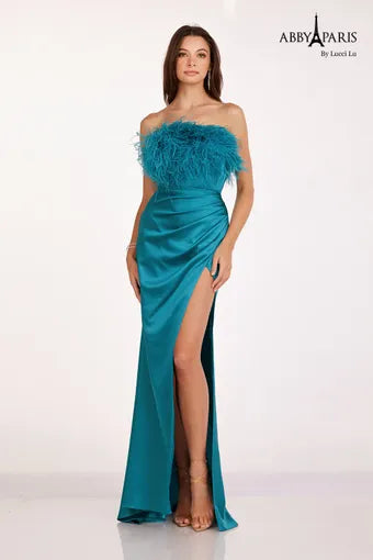 abby-paris-90200-straight-neckline-feathers-on-neckline-satin-fit-and-flare-w-slit-teal-evening-dress