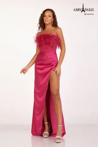 abby-paris-90200-straight-neckline-feathers-on-neckline-satin-fit-and-flare-w-slit-fuchsia-evening-dress
