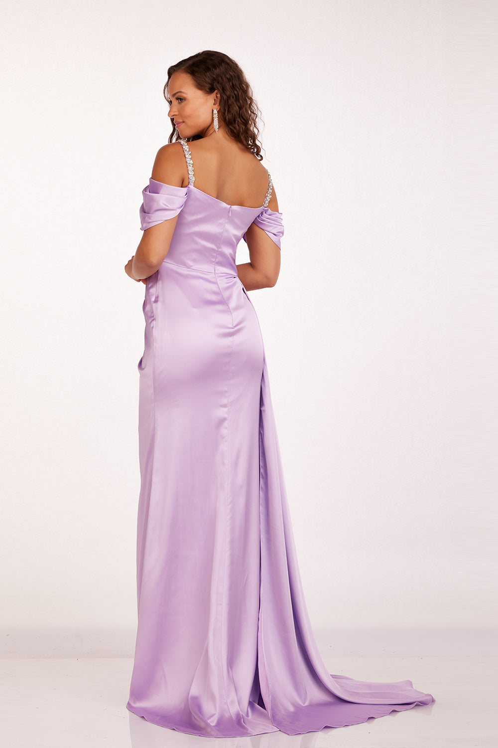 Abby Paris 90210 Straight Neckline Crystals On Neckline & Straps Satin Fit and Flare w/Slit Evening Dress
