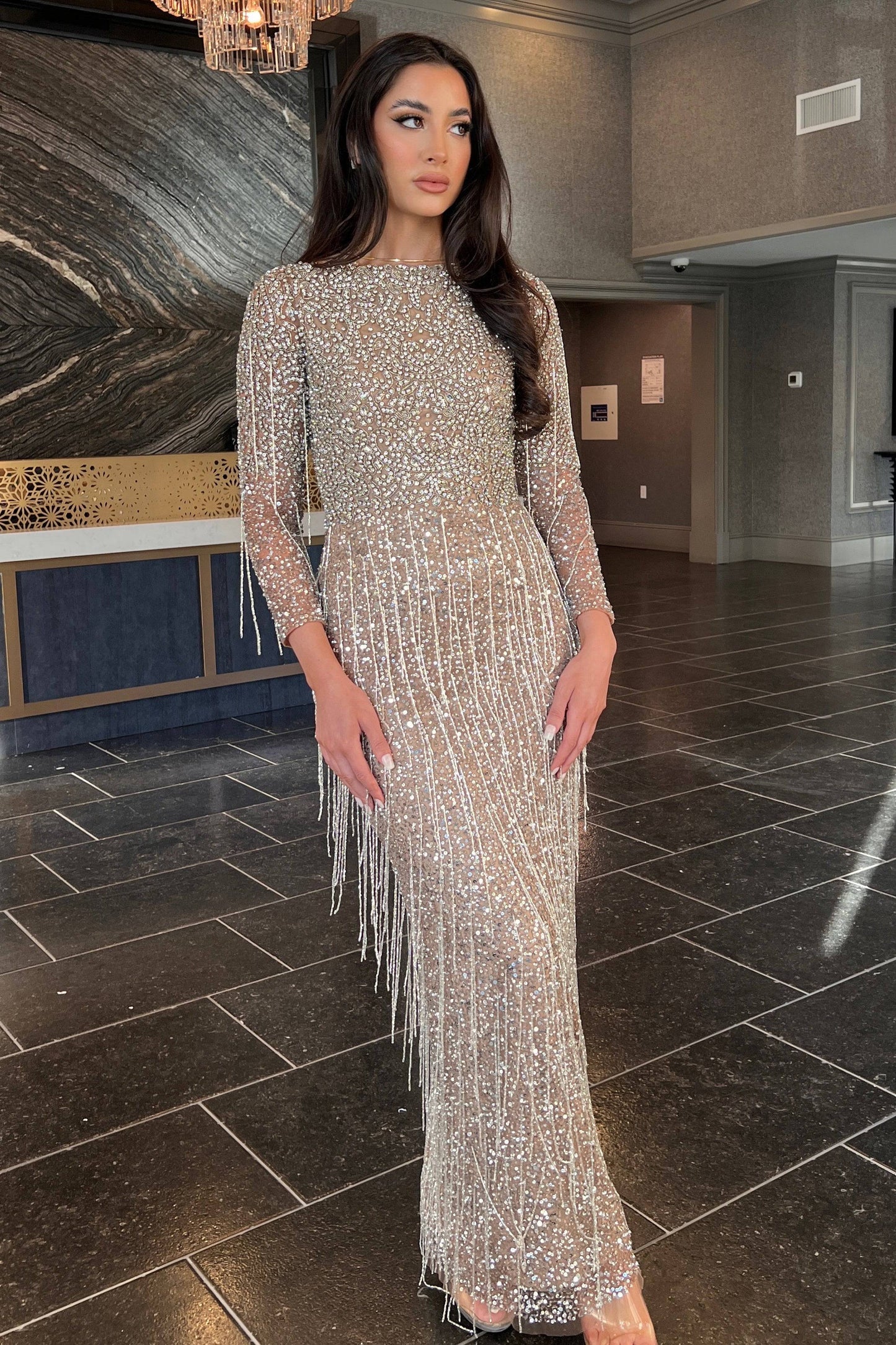 Aleya Long Sleeve Beaded Dress | Modest Evening Wear by Iyza Belaar Nude/Silver / 20 Aleya Long Sleeve Beaded Dress | Modest Evening Wear by Iyza Belaar Nude/Silver / 20