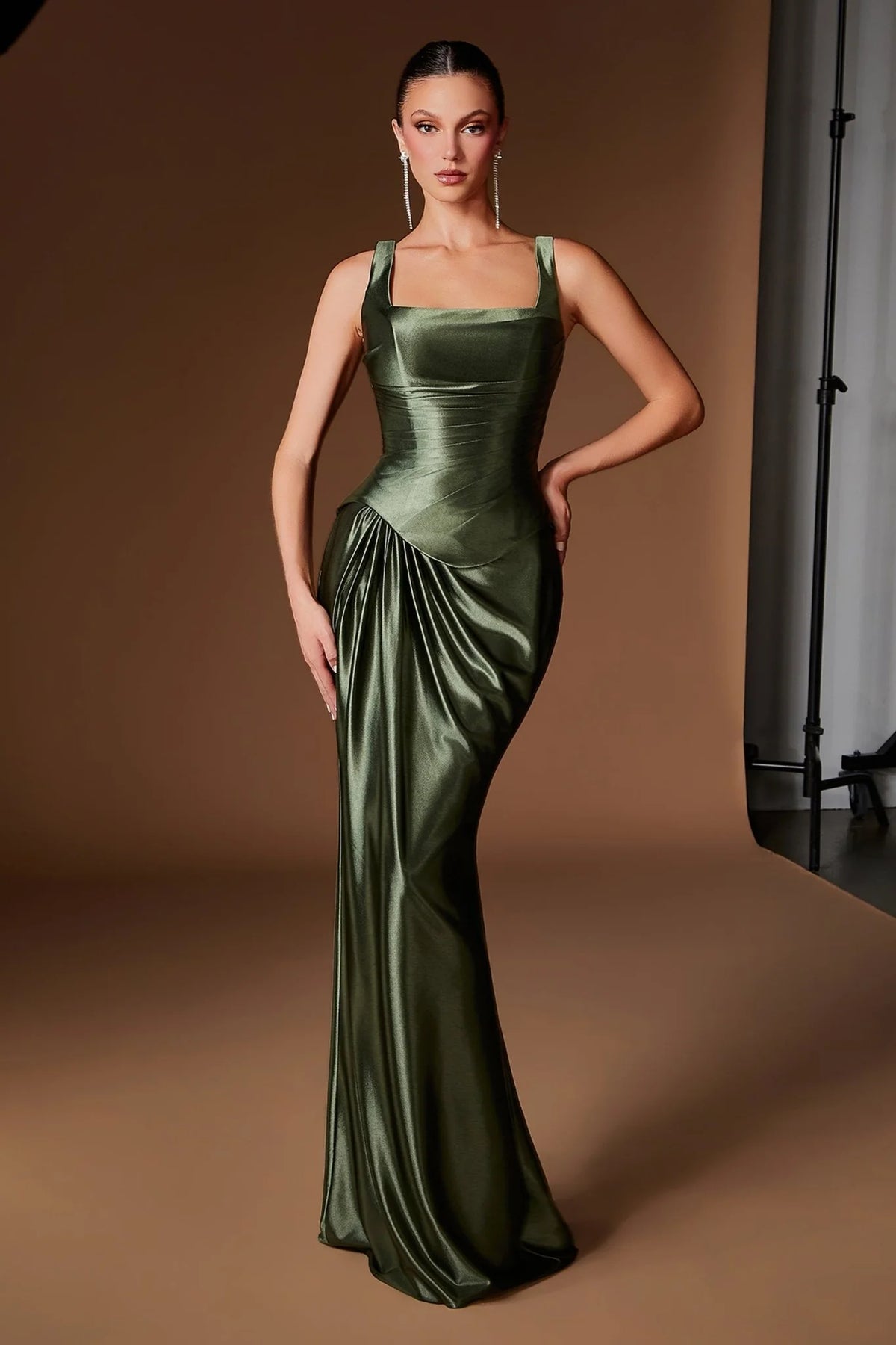 Cinderella Divine CH2604 Square Neck Ruched Satin Gown