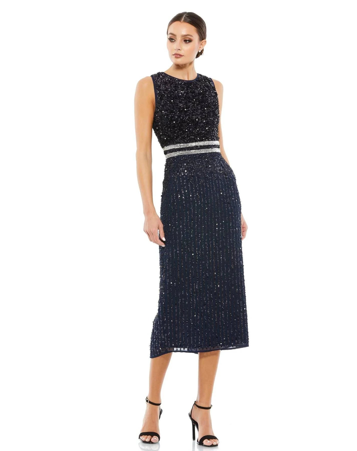 Mac Duggal A10509 Sleeveless High Neck Beaded Midi Sheath Dress B Chic Fashions Tea Length Dress Evening Gowns