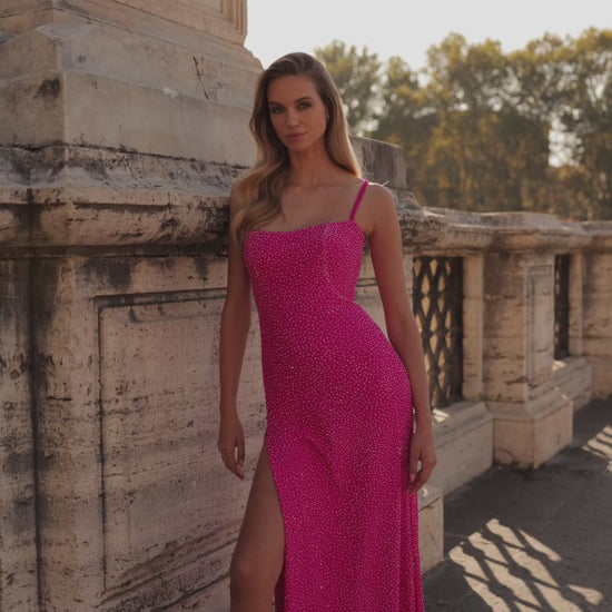 La-Femme-32058-Square-Neckline-Lace-up-Back-High-Slit-Hot-Stone-Jersey-Fitted-Hot-Fuchsia-Evening-Dress-B-Chic-Fashions-Prom-Dress