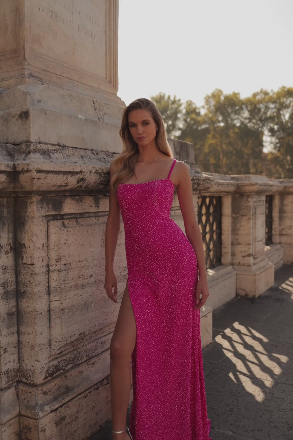 La-Femme-32058-Square-Neckline-Lace-up-Back-High-Slit-Hot-Stone-Jersey-Fitted-Hot-Fuchsia-Evening-Dress-B-Chic-Fashions-Prom-Dress