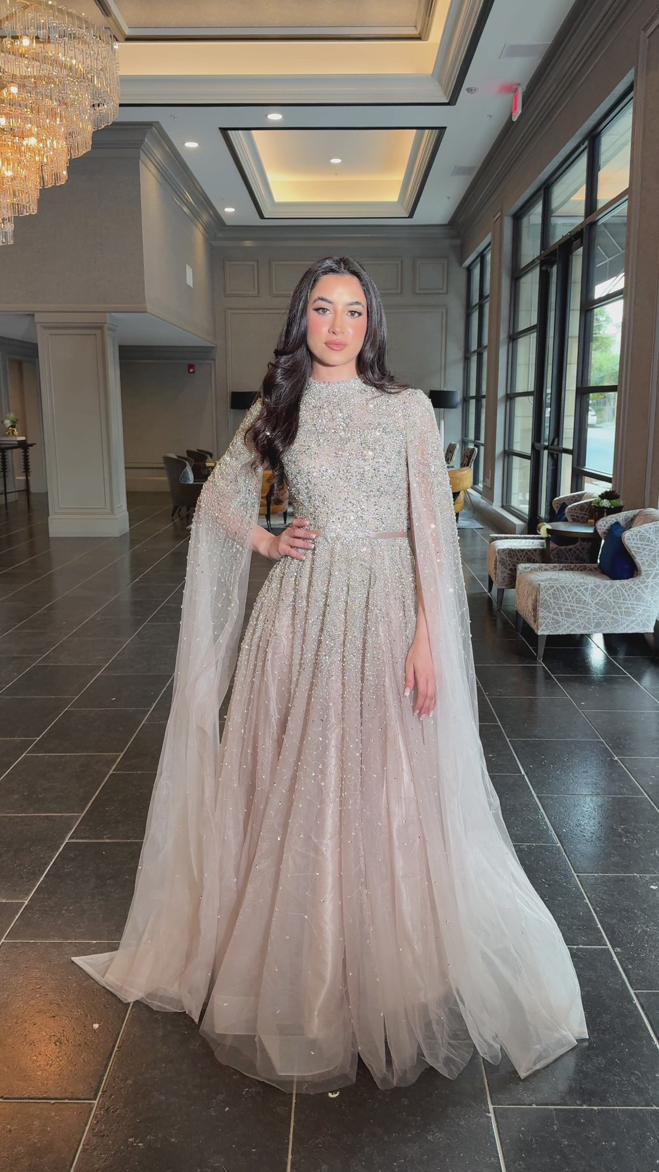 Noor Modest Long Drape Sleeves Beaded A-line Gown – B Chic