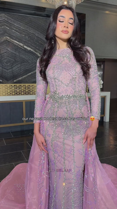 Fariza Long Sleeve Modest Beaded Embellished Evening Dress