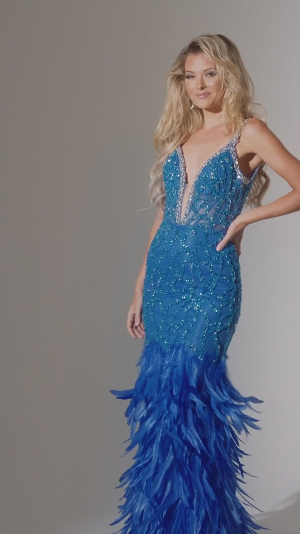 Jasz-7514-Plunge-Neckline-Open-Back-Sweep-Train-Beaded-Feathers-Sheath-Royal-Evening-Dress-B-Chic-Fashions-Prom-Dress