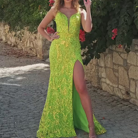 Alyce-61555-Plunging-Neckline-Strappy-Back-Front-Slit-Sequins-Straight-Electric-Lime-Evening-Dress-B-Chic-Fashions-Prom-Dress