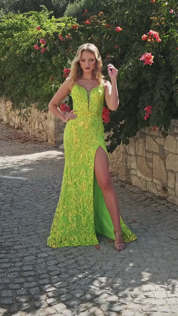 Alyce-61555-Plunging-Neckline-Strappy-Back-Front-Slit-Sequins-Straight-Electric-Lime-Evening-Dress-B-Chic-Fashions-Prom-Dress