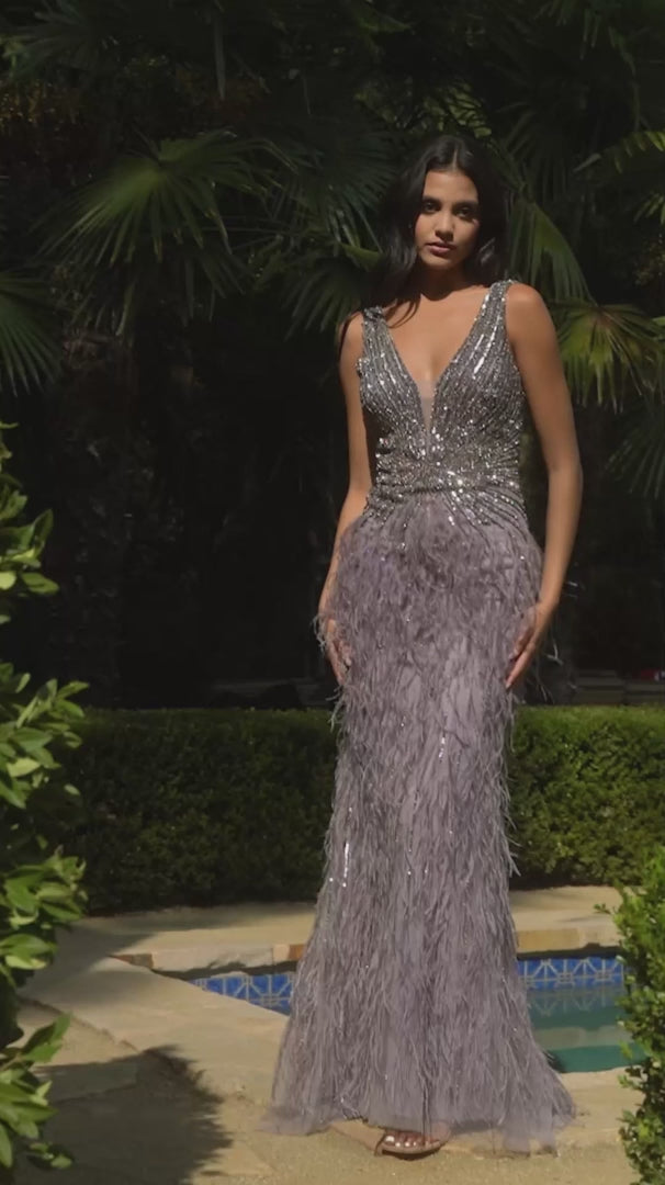 Andrea-and-Leo-A1273-Plunging-V-Neck-Neckline-V-Back-Sweep-Train-Feather-Sheath-English-Violet-Evening-Dress-B-Chic-Fashions-Prom-Dress