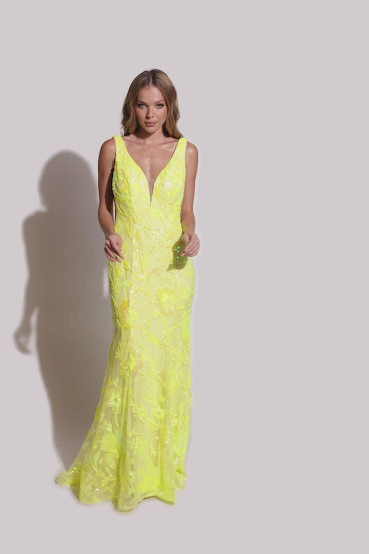 Lucci-Lu-1230-Plunging-V-Neckline-Open-Back-Train-Sequins-Tulle-Fit-N-Flare-Neon-Yellow-Evening-Dress-B-Chic-Fashions-Prom-Dress