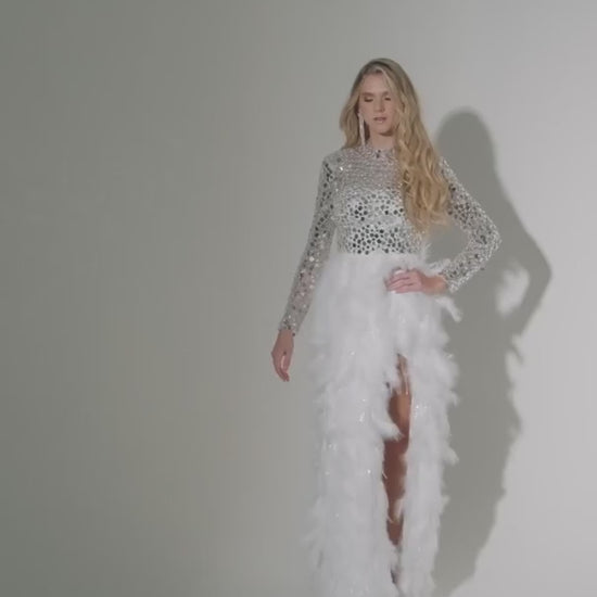 Jasz-7504-Illusion-High-Neck-Neckline-Low-Cutout-Back-High-Slit-Feathers-Sheath-White-Evening-Dress-B-Chic-Fashions-Prom-Dress