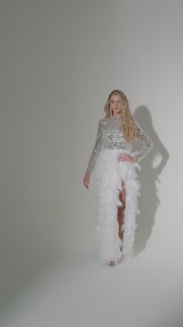 Jasz-7504-Illusion-High-Neck-Neckline-Low-Cutout-Back-High-Slit-Feathers-Sheath-White-Evening-Dress-B-Chic-Fashions-Prom-Dress