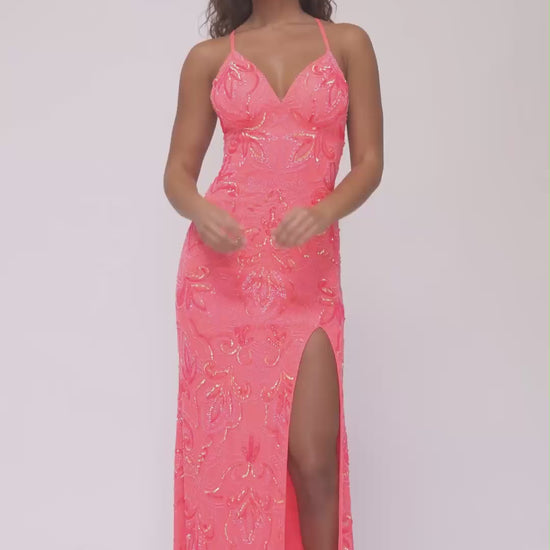 abby-paris-92132-v-neck-neckline-beaded-with-flower-pattern-beaded-sequins-fit-and-flare-w-slit-hot-coral-black-gold-peri-evening-dress-b-chic-fashions-prom-dress