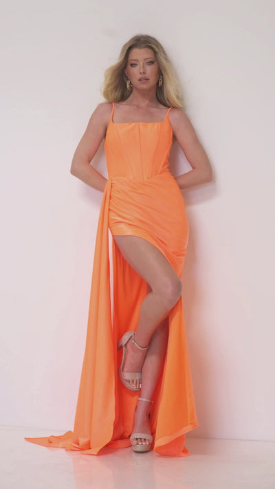 Lucci-Lu-1324-Straight-Neckline-Zipper-Back-High-Slit-Shimmer-Knit-Fit-N-Flare-Orange-Evening-Dress-B-Chic-Fashions-Prom-Dress