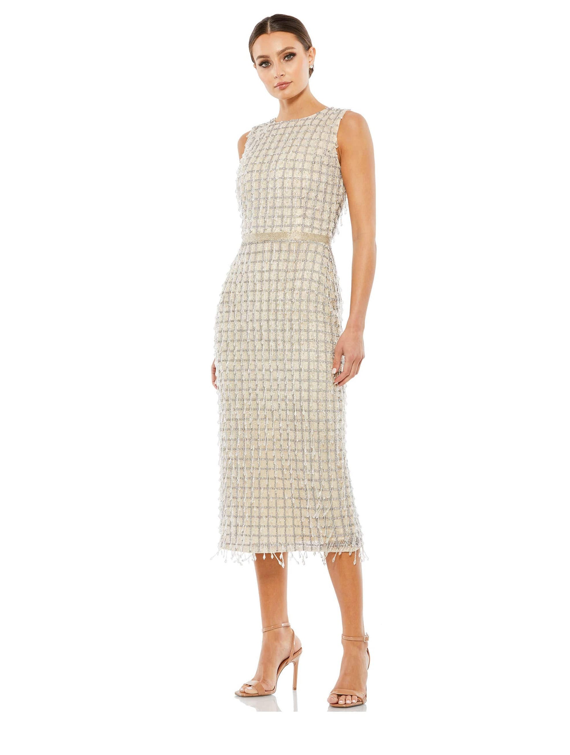 Mac Duggal 5471 Sleeveless High Neck Beaded Midi Sheath Dress B Chic Fashions Short Dress Evening Gowns