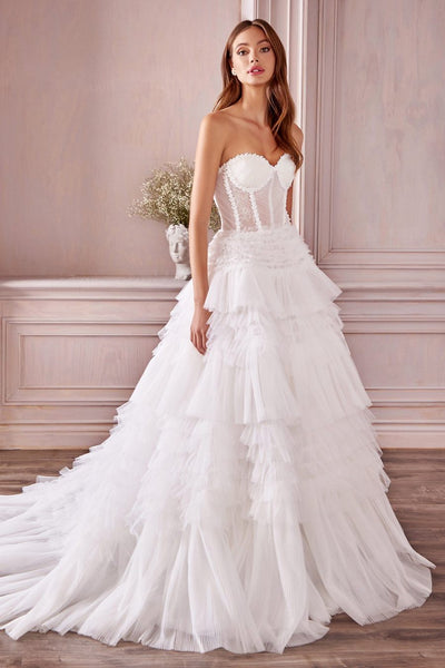 Corset princess bridal tulle ruffle ball gown. Ruffled long off white strapless tulle dress with A-line tiered skirt.