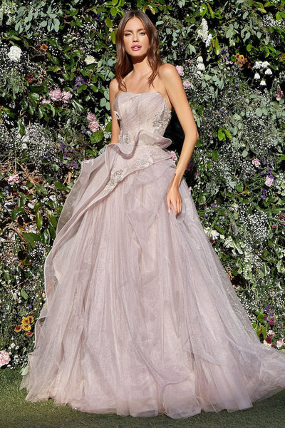 Embellished long strapless tulle dress with A-line skirt and open back. Strapless layered tulle ballgown.