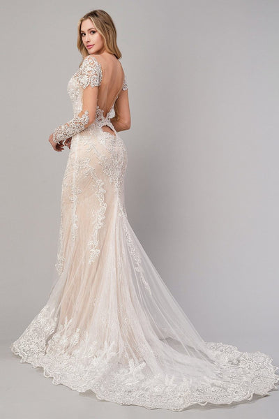 Andrea and Leo A1022 Long sleeve bohemian lace mermaid gown with illusion deep V-neck bodice secured with sheer full length sleeves, open back, with zipper closure.