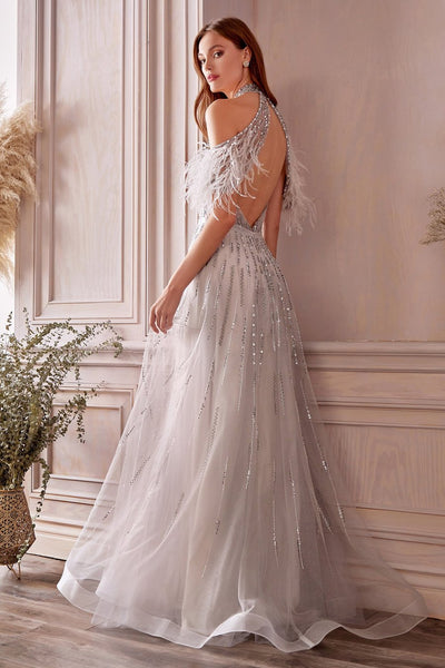 Andrea and Leo A1023 Feathered long halter off shoulder dress with A-line tulle skirt.  Swathed in crystals and silver beads, the Anastasia Gown is a luminous beaded ball gown that you'll never forget. From the halter neck, off shoulder tulle shawl with feathers softly drapes around the shoulder. The elongating beads fall linearly from the bodice to the soft A-line skirt that softly sways as you dance the night away.