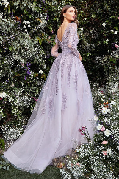 Andrea and Leo A1024 Long sleeve dress with illusion sweetheart neckline, long sheer sleeves and open back. Luxurious violet embroidery glitters with embedded crystals and beautifully frames the bodice, embellish the long sleeves, and continues down the A-line skirt. 