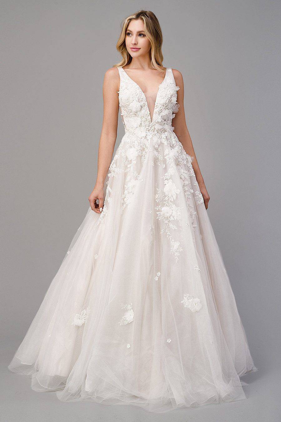 Andrea and Leo A1028W Floral applique long white sleeveless dress with deep illusion V-neck bodice secured with shoulder straps, sheer sides and open V-back. Layered tulle ball gown with floral diamond glitter and 3D organza flowers. Illusion V-neckline bodice with deep V-back. 