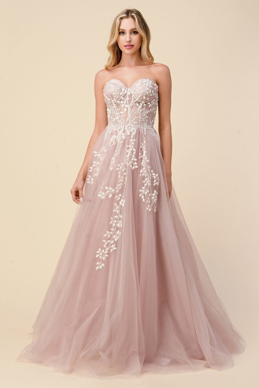 Andrea and Leo A1029 Strapless sweetheart tulle gown with embellished bodice and floral applique.