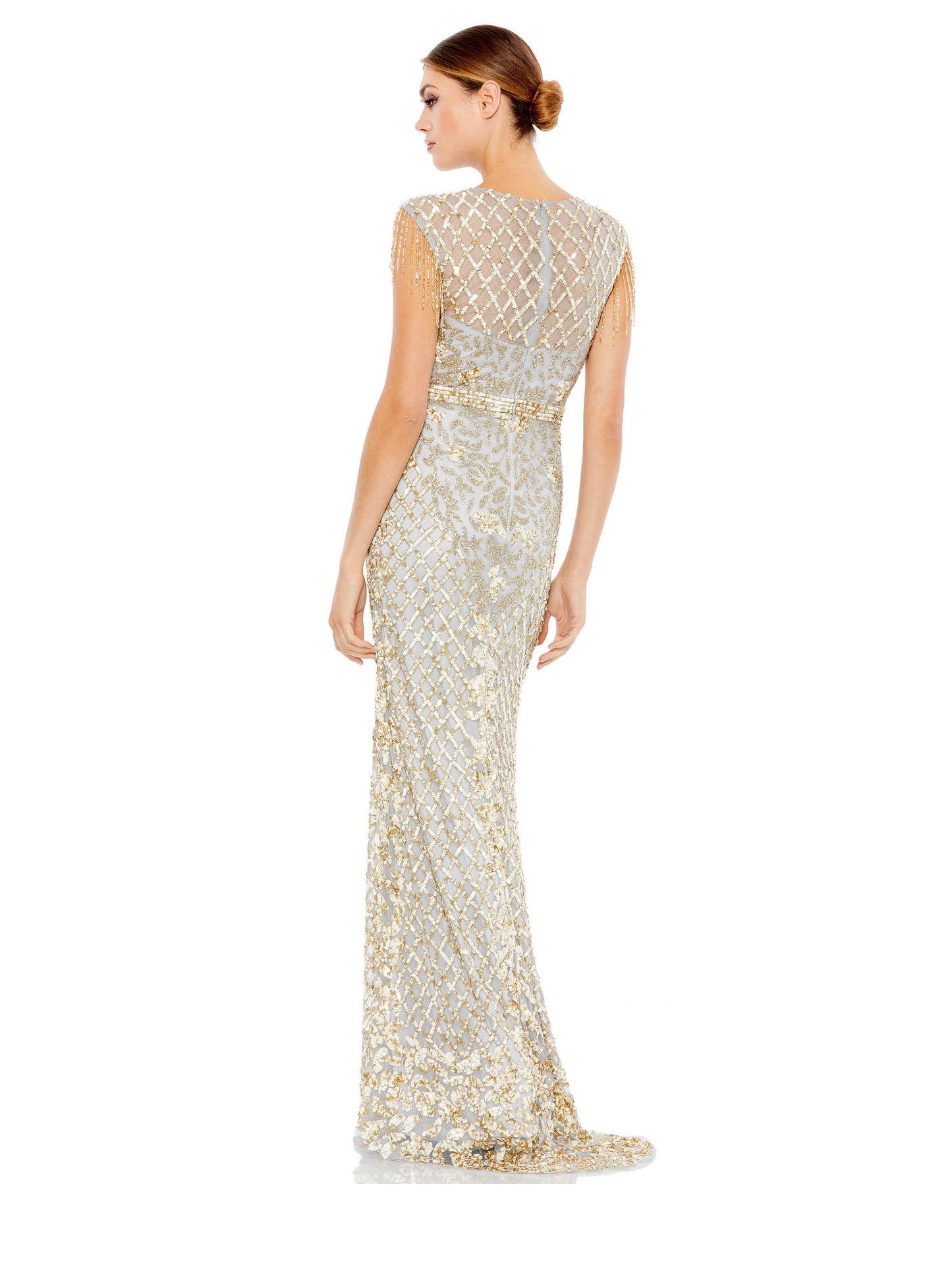 Mac Duggal 4908 High Neck Sleeveless Beaded Fringe Fitted Gown